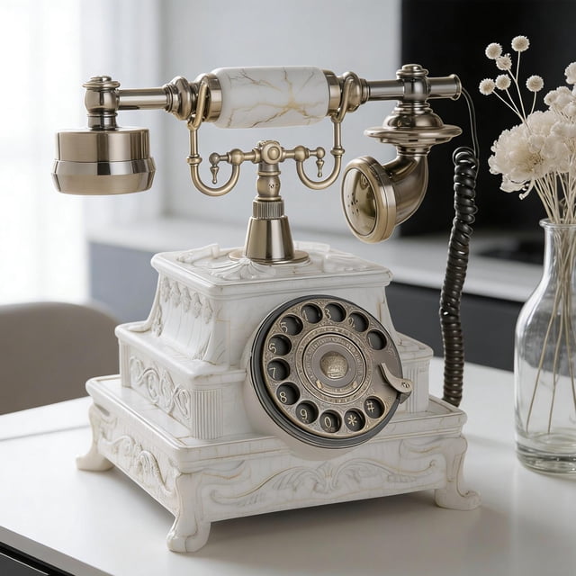 Teléfono retro con cable, dial giratorio, decorativo, novedoso, con remarcación, adorno de escritorio, teléfono antiguo para sala de estar, cafetería, Blanco con textura