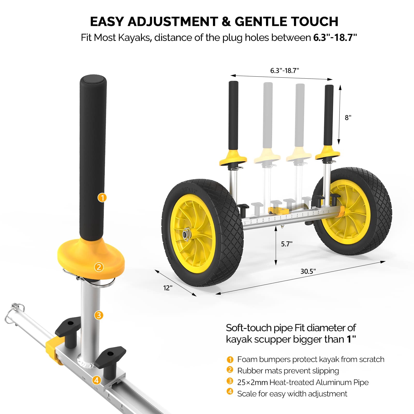 Kayak Cart with Solid Tires, Detachable Canoe Dolly, No Straps Needed, Kickstand for Stability, Fits Most Kayaks with 1" Drainage Holes, Easy to Assemble, Black