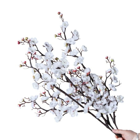 Cn-Knight 3Pcs Artificial Cherry Blossom Branches 37 Inch Long Stem Silk Plum Blossom With Buds Realistic Japanese Apricot For Home D?Cor Centerpiece Wedding Bouquet White