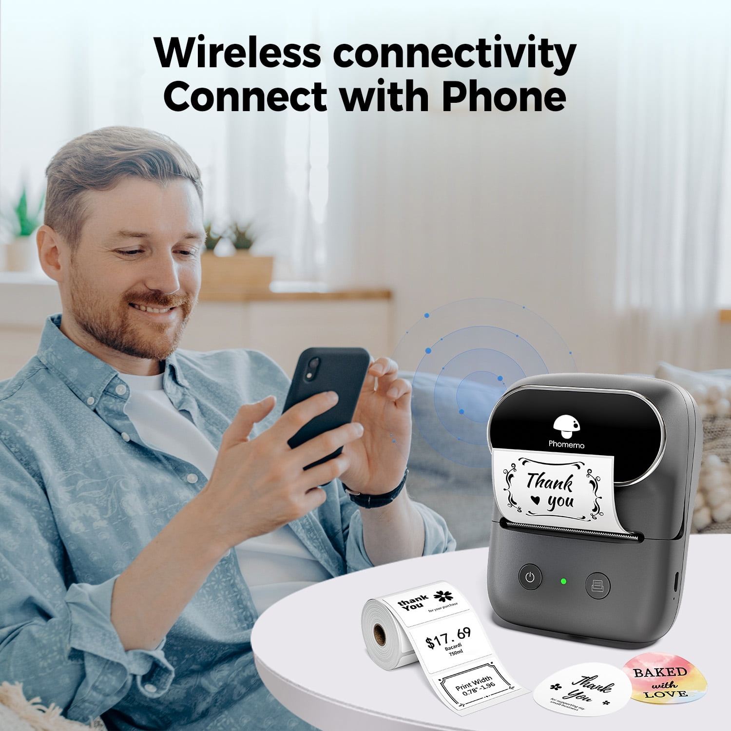 【 Phomemo Label printer】Label printer+4 rolls of thermal label paper, thermal label printer, printing width 20-50mm, one click printing（label maker）