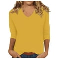 thumbnail image 1 of Camiseta básica de verano informal de color liso con cuello en V para mujer - Poliéster, manga 3/4, aberturas laterales - S-XXL, 1 of 5