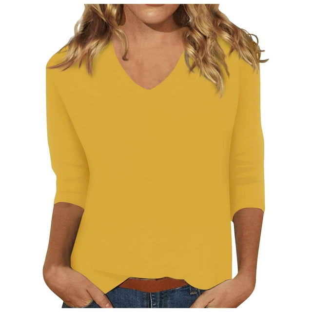Womens Summer Tops V Neck Solid Color Casual Summer Basic Top Long Sleeve Basic Oversized Tshirts for Women Yellow S