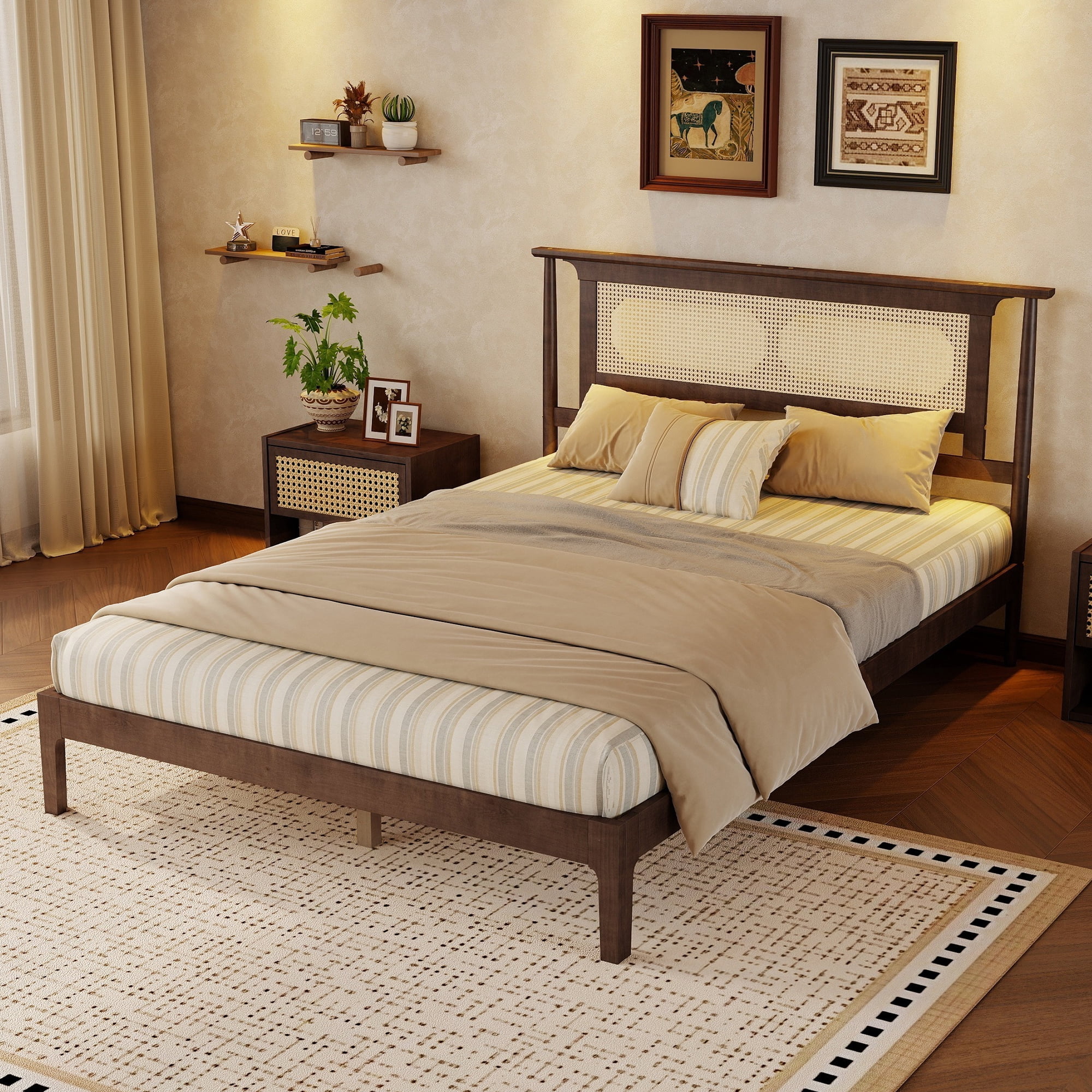 Mintazer Vintage Queen Size Pinewood Platform Bed Frame with Rattan Headboard for Bedroom,No Box Spring Needed, Walnut