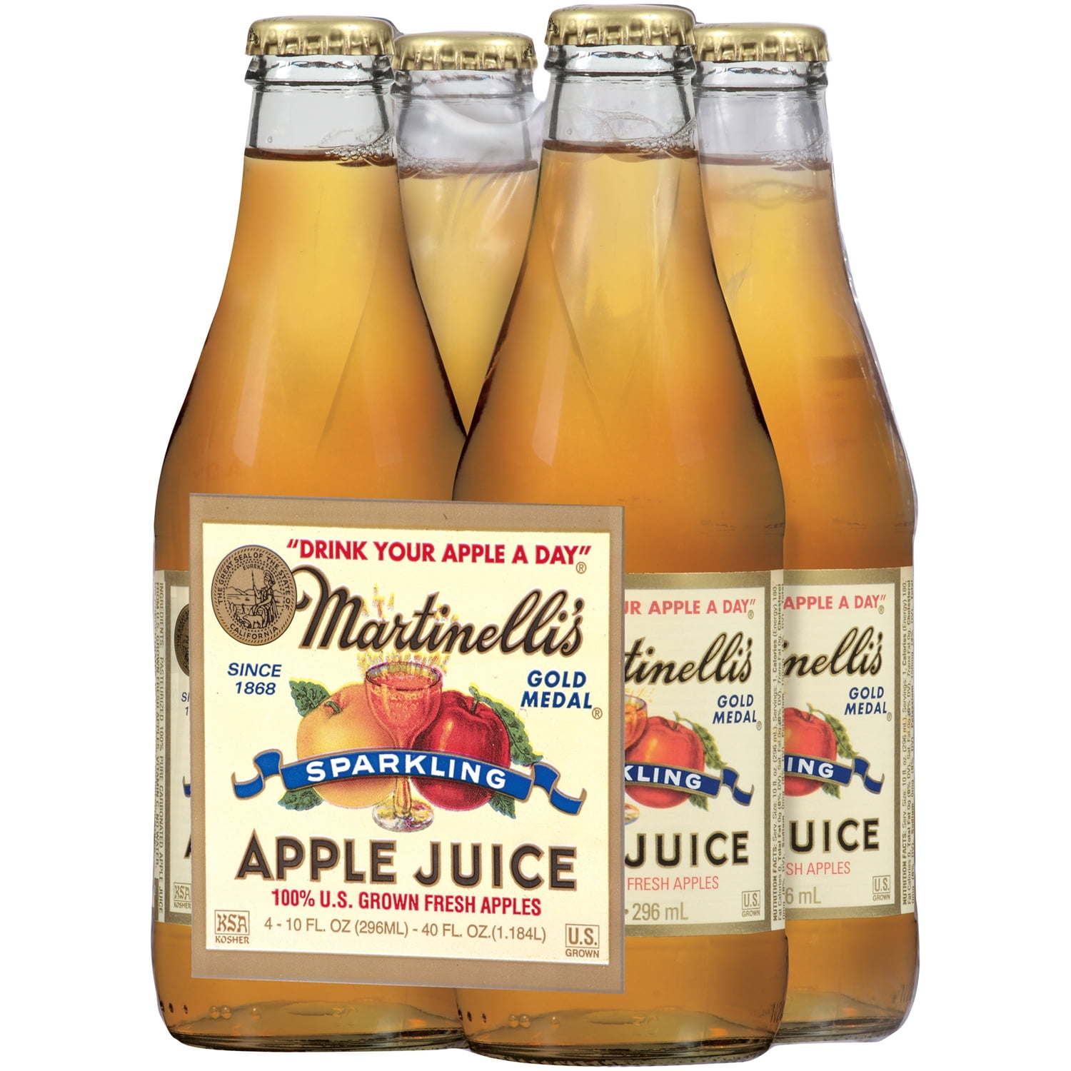 Martinelli's Gold Medal Sparkling Apple 100% Juice 10oz 4pack Glass Bottles