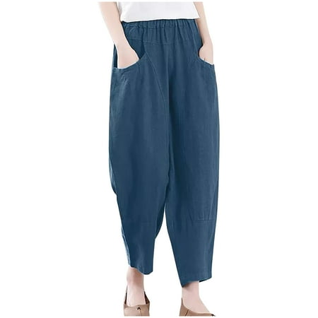 

YanHoo Women s Casual Linen Trouser Wide Leg Elastic Waist Pants Loose Baggy Ankle-Length Pants with Pockets