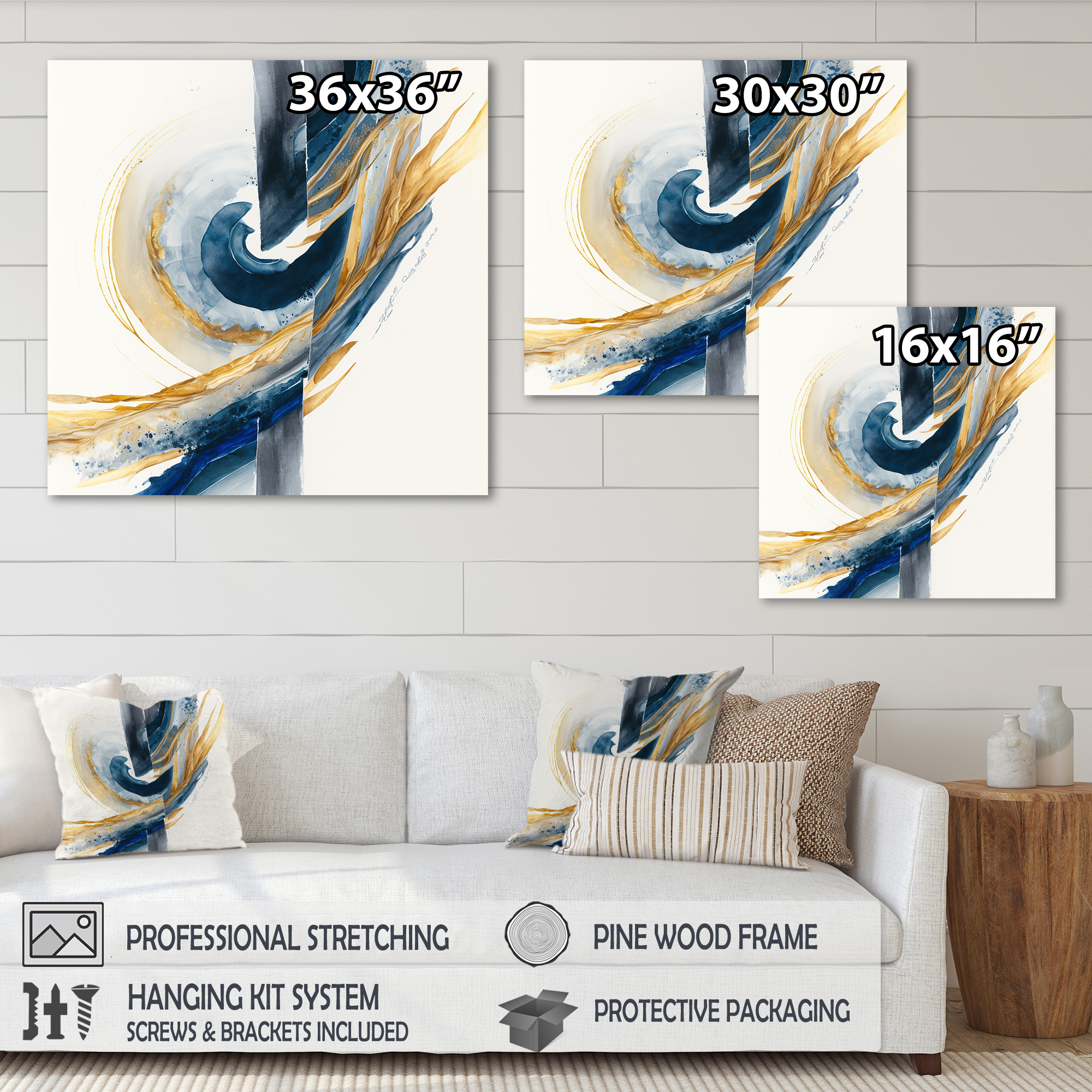 Designart Blue And Gold Swirl Abstract V Canvas Wall Art