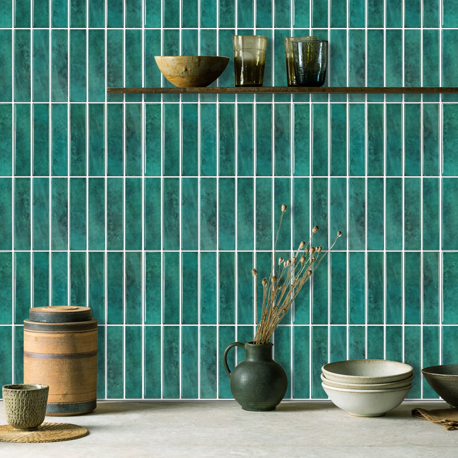 Peel and Stick Green Finger Mosaic Tile Vinyl Backsplash  12 x 12inch (10 tiles/set)