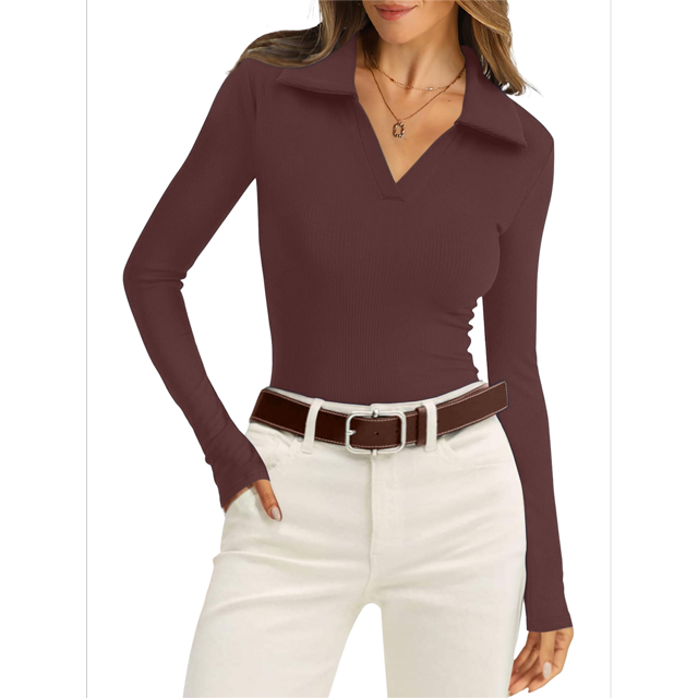 Womens Shirts Long Sleeve Business Casual Tops Collared V Neck Ribbed Knit Sweater Slim Fit Blouses Coffee Color XL