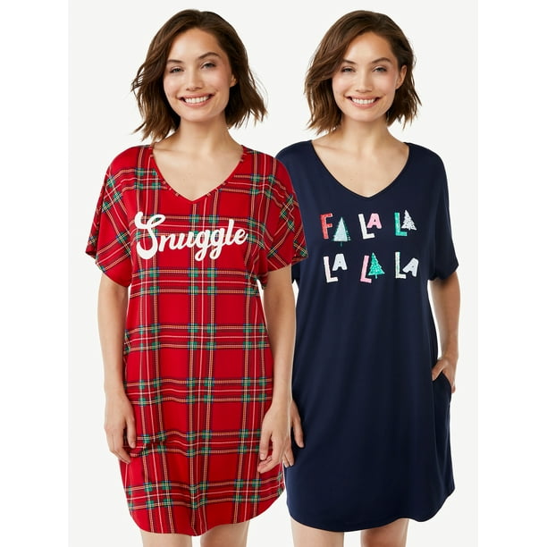 Joyspun Women's Short Sleeve Sleep Shirts, 2Pack, Sizes up to 3X