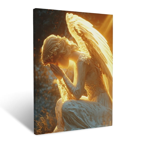 CozyNet Glowing Angel Kneeling In Prayer With Soft Golden Light & Radiant Wings Heavenly Devotion Wall Art Prints With Frame Canvas Perfect for Living Room & Bedroom, Wall Decor 12"x16"