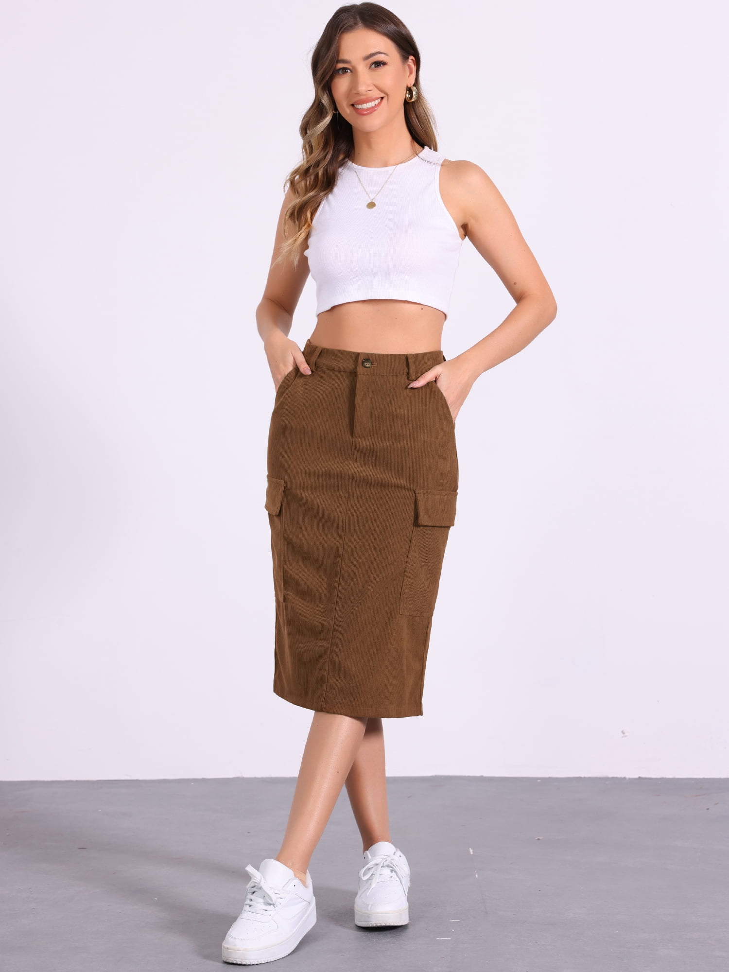 DARING DIVA Corduroy Cargo Skirts for Women's Elastic Back Midi Skirt L Brown