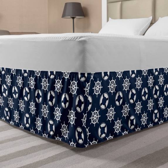Nautical Blue Bed Skirt, Summer Marine Patter with Buoy and Wheel, Elastic Bedskirt Dust Ruffle Wrap Around for Bedding Decor, 4 Sizes, Blue White, by Ambesonne