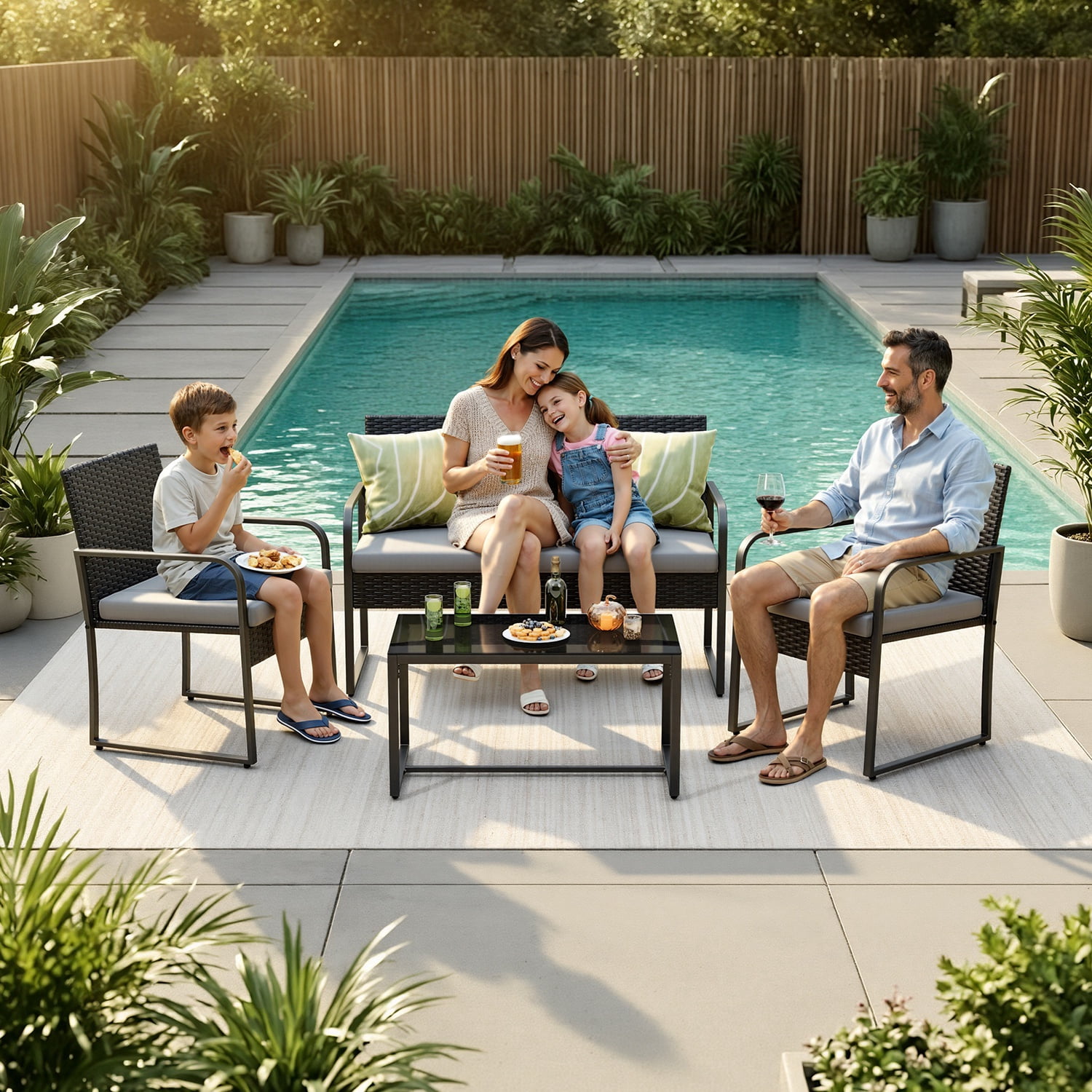 Asofer 4 Pieces Patio Furniture Set, All-Weather Outdoor Rattan Conversation Set with Glass Table for Lawn, Porch, Grey
