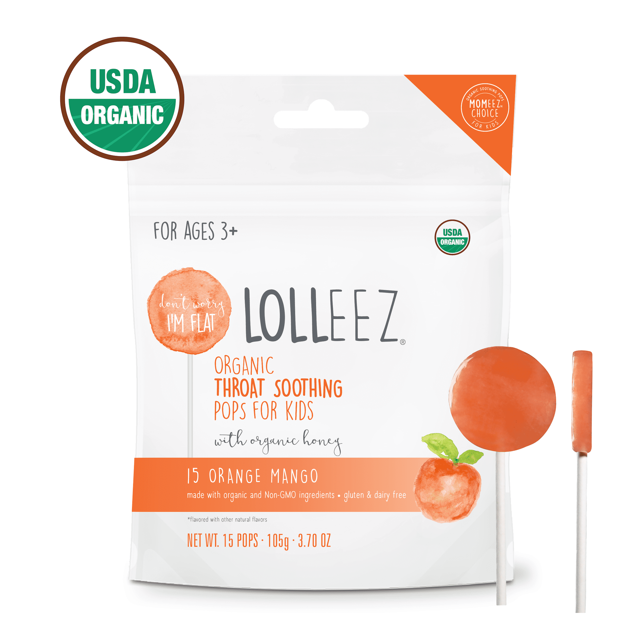 Lolleez Organic Throat Soothing Pops for Kids, Orange Mango, 15ct