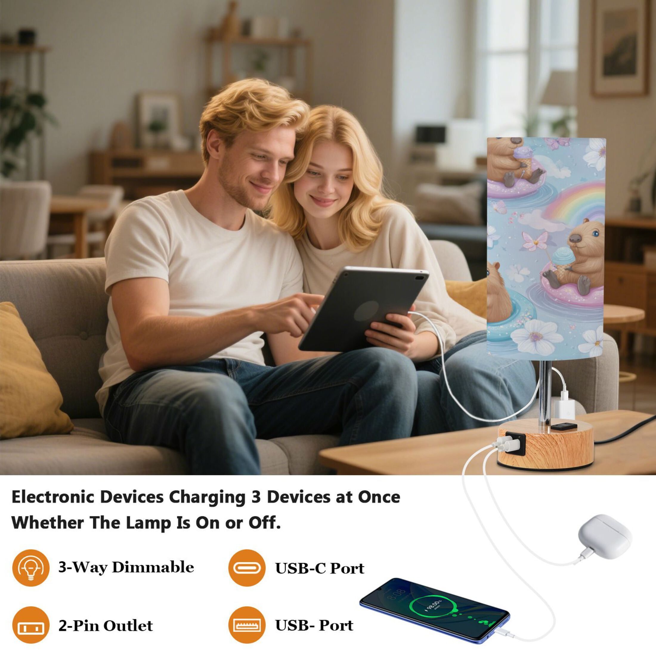 Touch-Control 3-Color Desk Lamp with Plug – Energy-Saving LED + 3 Simultaneous Charging Ports Capybaras Eating Ice Cream
