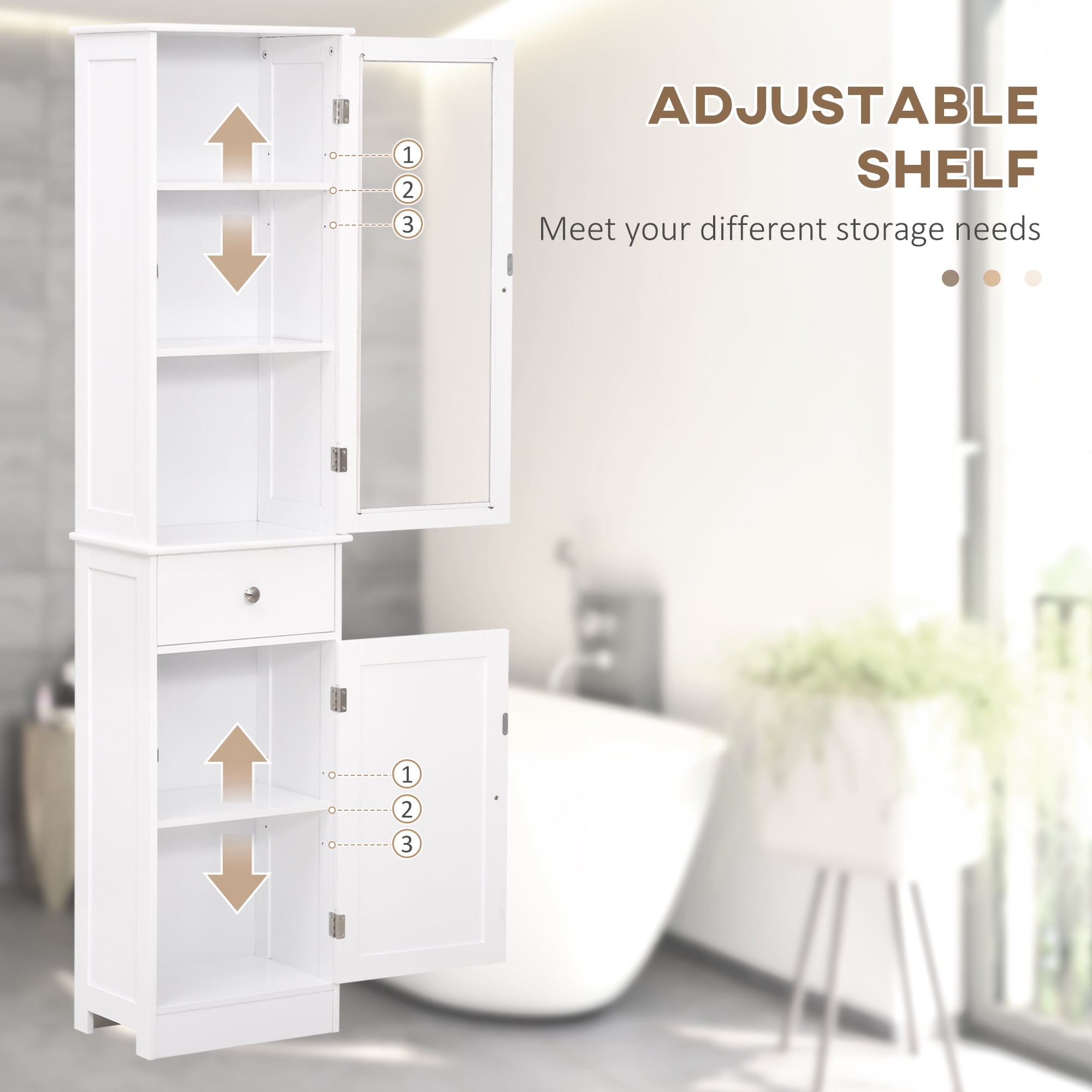 HOQBN Bathroom Storage Cabinet with 3-tier Shelf Drawer Door, Floor Cabinet Free Standing Tall Slim Side Organizer Shelves, White