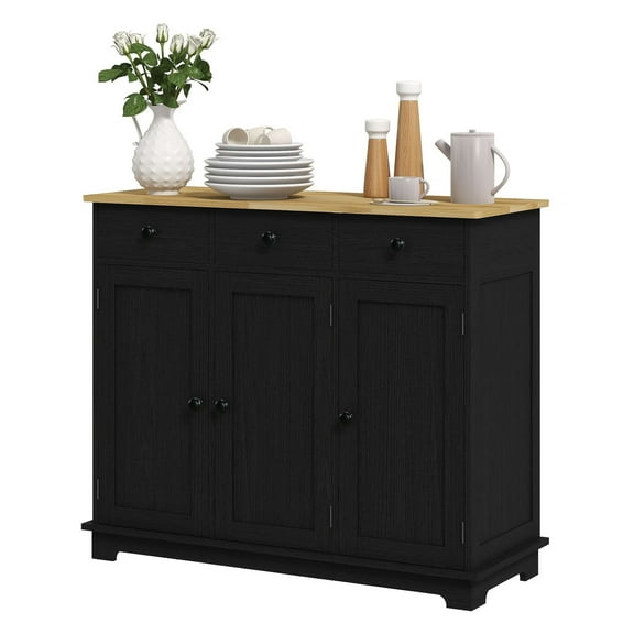SAZYY Black Sideboard with Wood Countertop, Kitchen Storage & Coffee Bar Cabinet with 3 Drawers, Doors, Adjustable Shelf