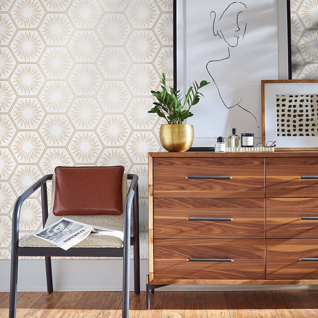 Tempaper Hello Sunshine Metallic Gold Peel and Stick Wallpaper, 20.5" x 16.5'