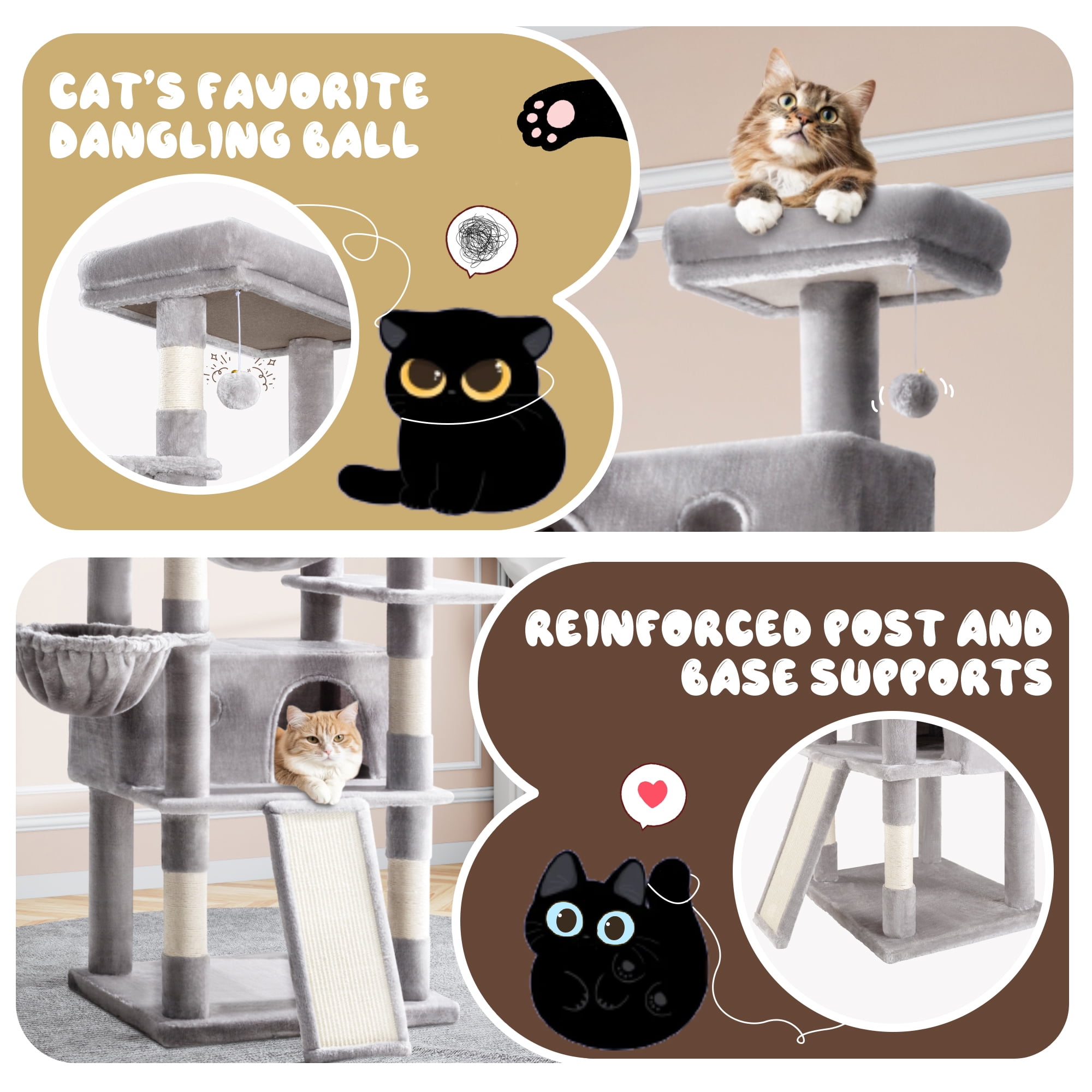 Amolife 81" Large Cat Tree Tower for Large Cats with Cat Condo Hammock, 2 Scratching Ramps, 6 Scratching Posts, Grey