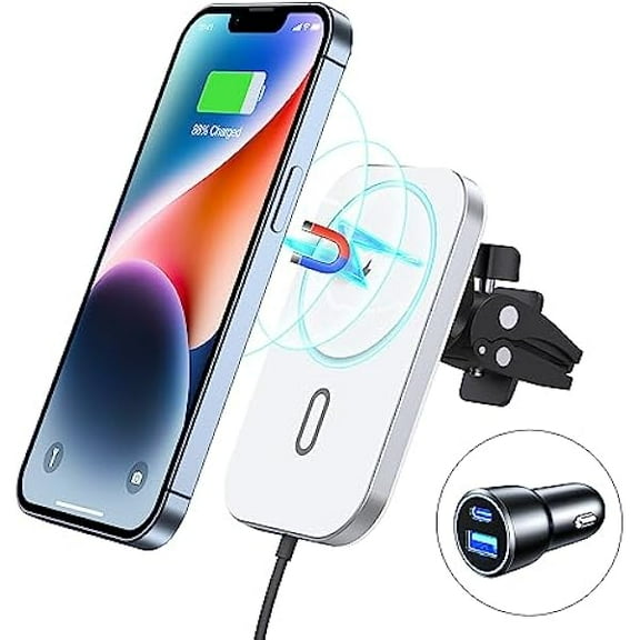 Magnetic Wireless Car Charger, 360°Adjustable Magnetic Air Vent Mount Compatible with MagSafe Car Charger, Compatible with iPhone 16/15/14/13/12 Pro Max Plus Mini(Caseless), Mag Safe Case(White)