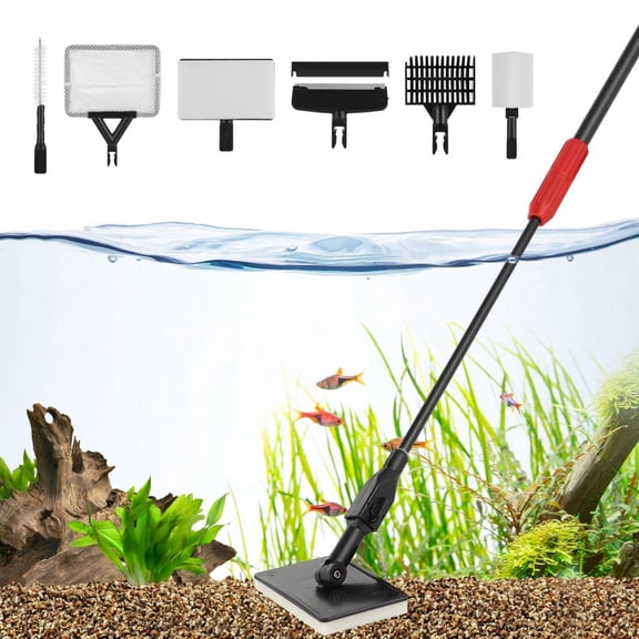 Aquarium Cleaning Tools, 6-In-1 Telescopic Fish Tank Cleaner Kit with Fish Net, Algae Scraper, Sponge Brushes, Algal Brush & Sand Rake, 34’’ Adjustable Handle Fish Tank Cleaner Brush Kit