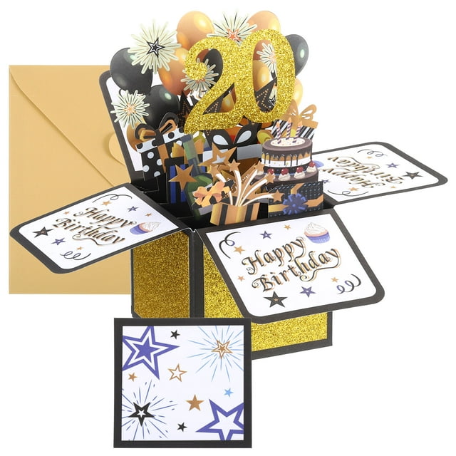 Uxcell 1 Set Pop-Out Paper Birthday Card with Greeting Card Envelope Black Gold Foil 7.5'' x 7'' 20th Birthday Card