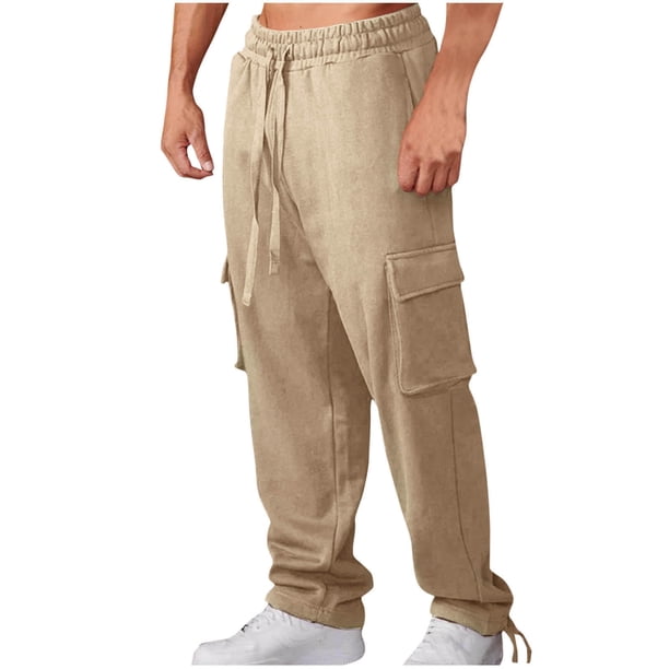 Pantalones deportivos de moda para hombre, con cintura elástica y bolsillos, largos, de poliéster, de color liso.