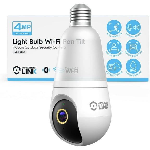 Amcrest Link 4MP Light Bulb WiFi Indoor/Outdoor Camera, Human Detection, 90.5° FOV, Pan/Tilt, IP45, AI Night Color, 2.4GHz/5GHz Dual Band Camera, Supports MicroSD Storage up 128GB, AL-L411W