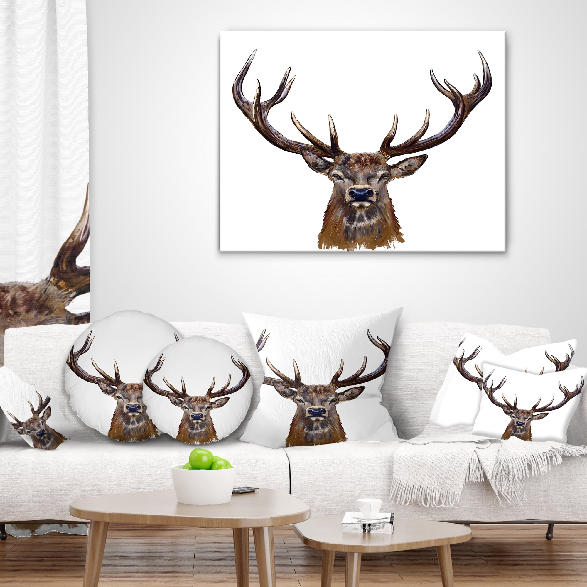 Designart Deer Head in Front Illustration - Animal Throw Pillow - 12x20