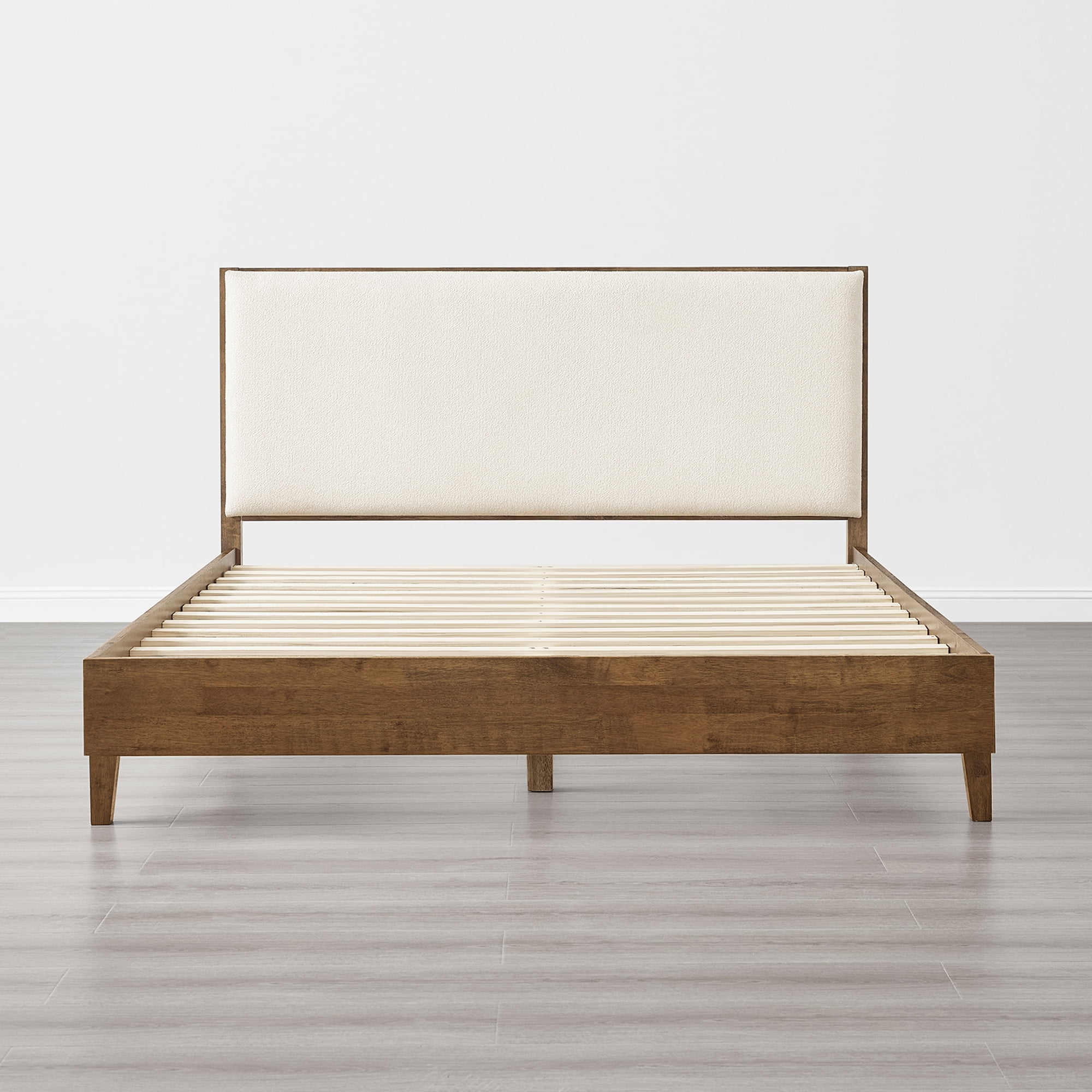 Spruce & Spring Modern Bouclé Platform Bed with Upholstered Headboard & Solid Wood Frame Walnut, Queen