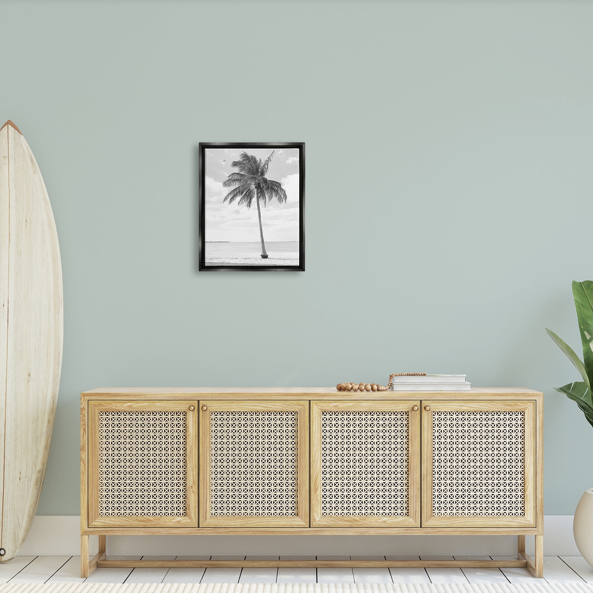 Stupell Industries Single Palm Tree Monochrome Tropical Beach Plant Photograph Jet Black Floating Framed Canvas Print Wall Art, Design by Graffitee Studios