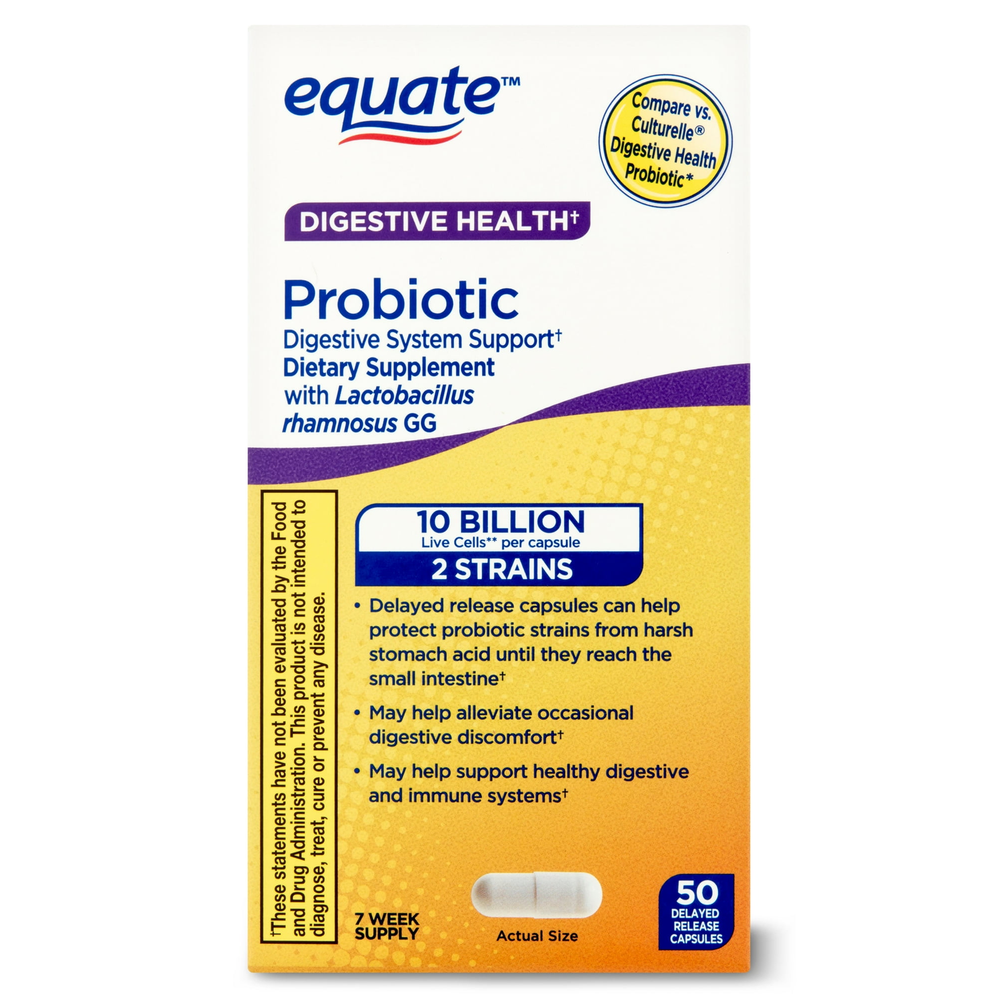 Equate Probiotic Supplement Digestive System Support Delayed Release Capsules, 50 Count, Compare to Culturelle® Digestive Health Probiotic