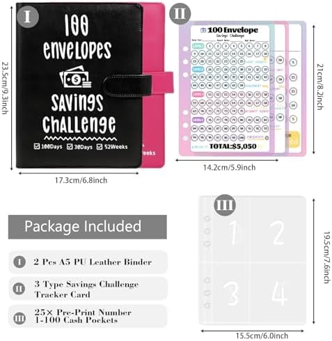 2 Pack 100 Envelopes Money Saving Challenge, Cash Budget Planner A5 Binder, Savings Challenges Book Organizer Folder, with 3 Tracker to Save $5,050 and $2,600, $300, 100 Pre-numbered Pockets, Bla