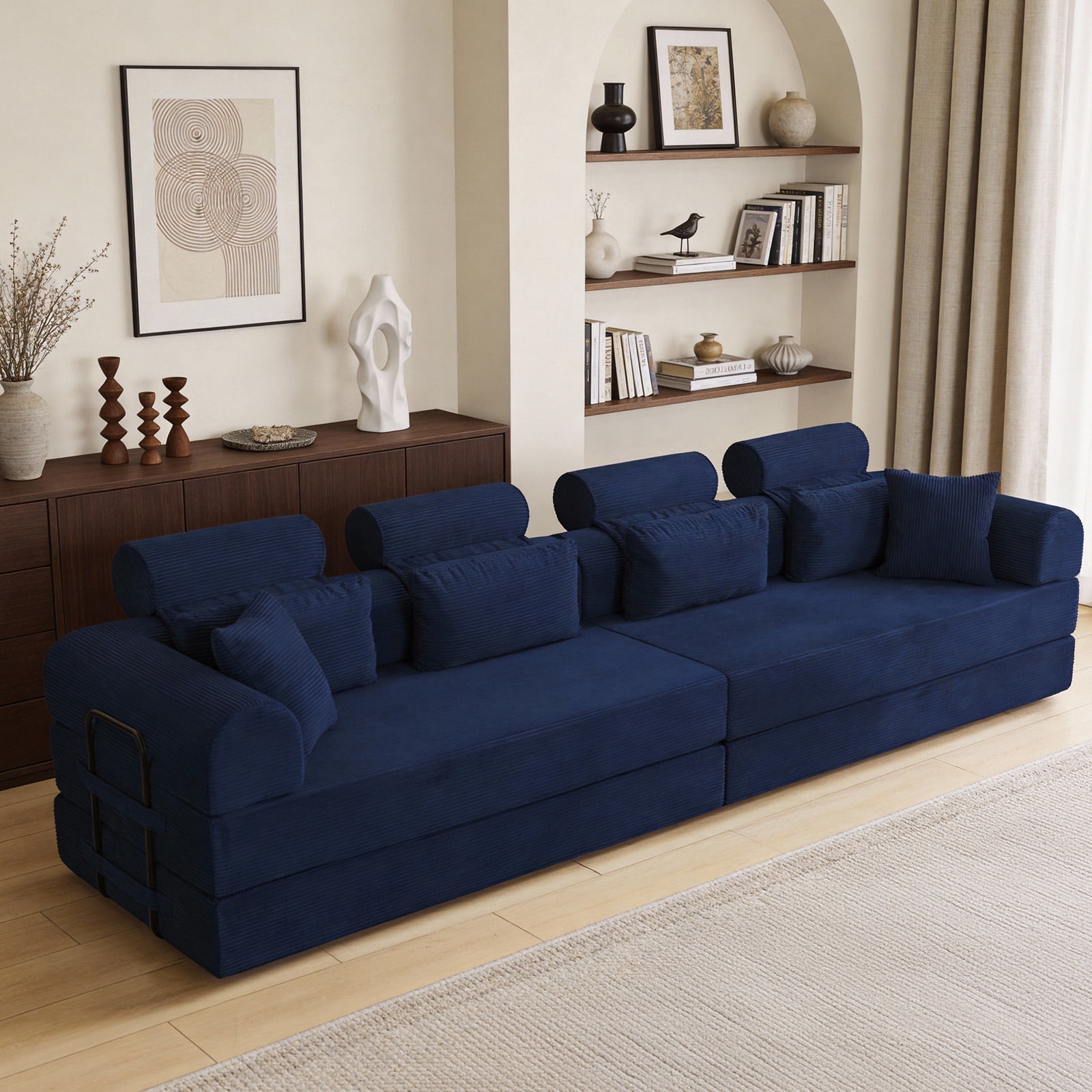 L-Shaped Sectional Sofa Converts to Bed, Corduroy Chaise Lounge with 28D High-Density Foam, No Assembly Compressed Couch for Apartments and Studios, Blue