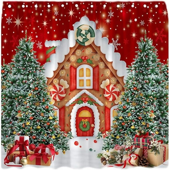 Christmas Shower Curtain Cookies House Cute Xmas Tree Winter Holiday Happy New Year Fabric Decor for Bath Curtain with Hook