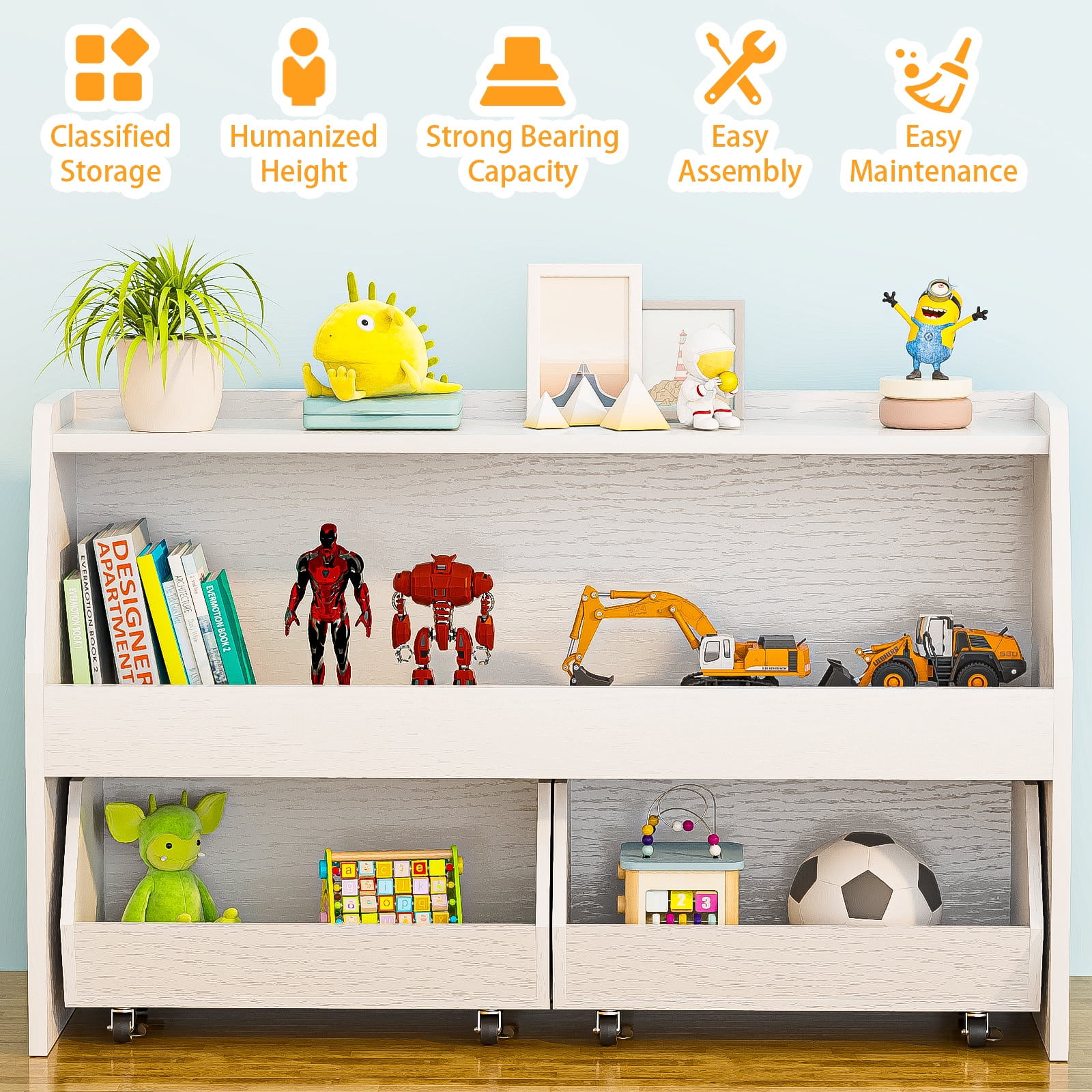 2-Tier Toy Storage, Portable Kids Toy Organizer 2 Removable Drawers Bins with 4 Wheels White