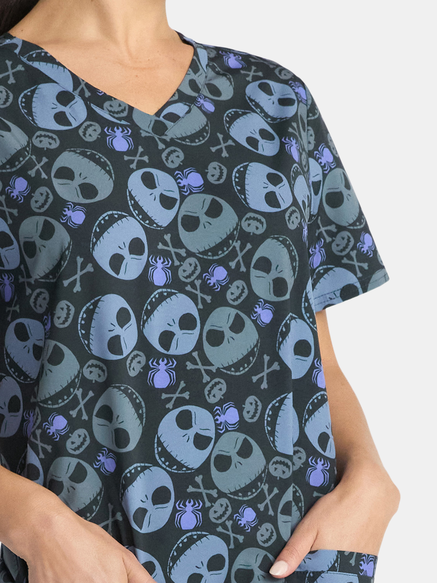 Nightmare Before Christmas Women's Holiday Scrub Top with Short Sleeves, Sizes S-3XL