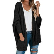 Coloody Womens Casual Loose Cardigan Open Front Long Batwing Sleeves Knit Sweaters Blouses with Pockets for Spring Fall Winter