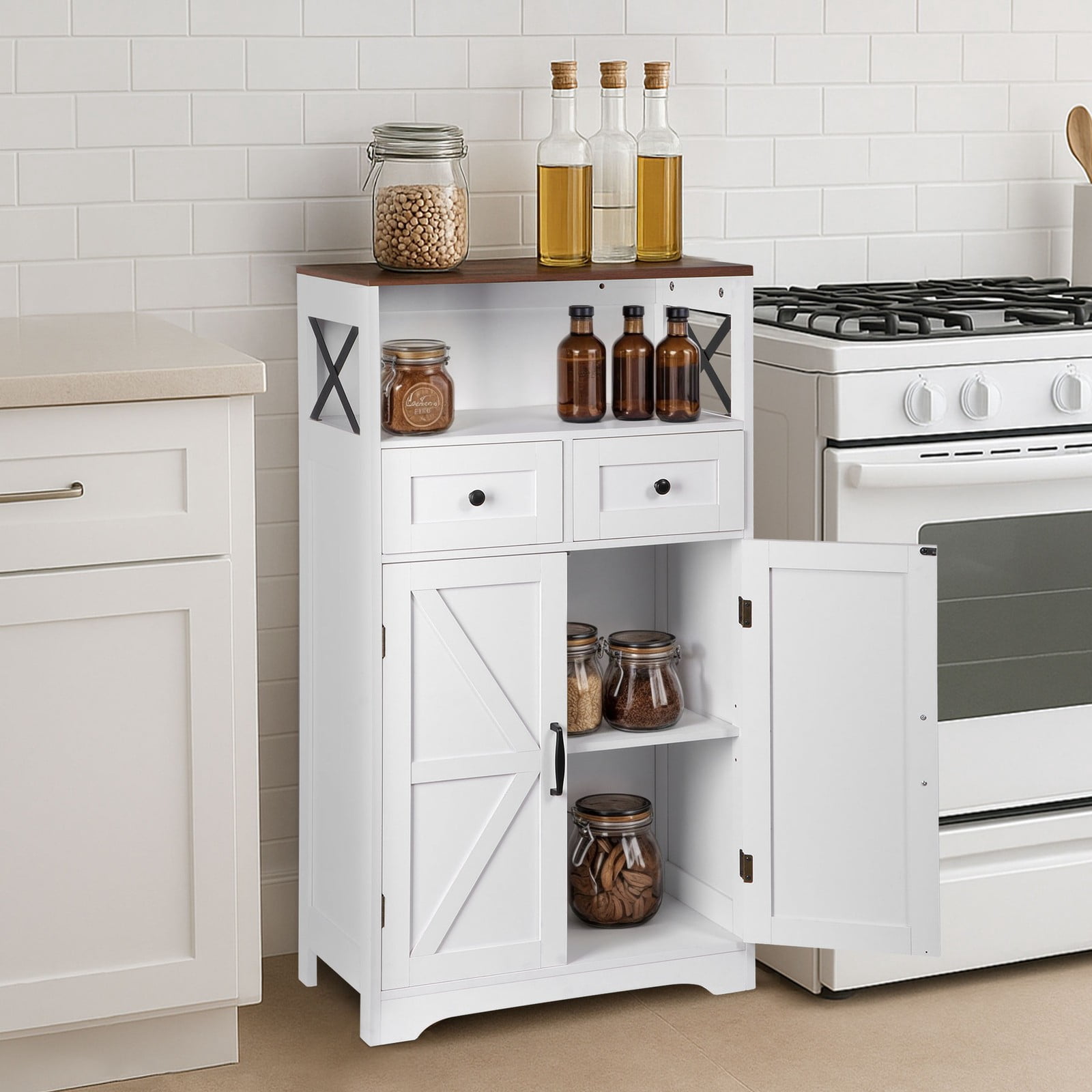 WDZS Farmhouse White Storage Cabinet with Doors and Drawers, Freestanding Kitchen Pantry Cabinet, Floor Storage Cabinet Hutch Cupboard for Kitchen/Laundry/Living Room/Bedroom