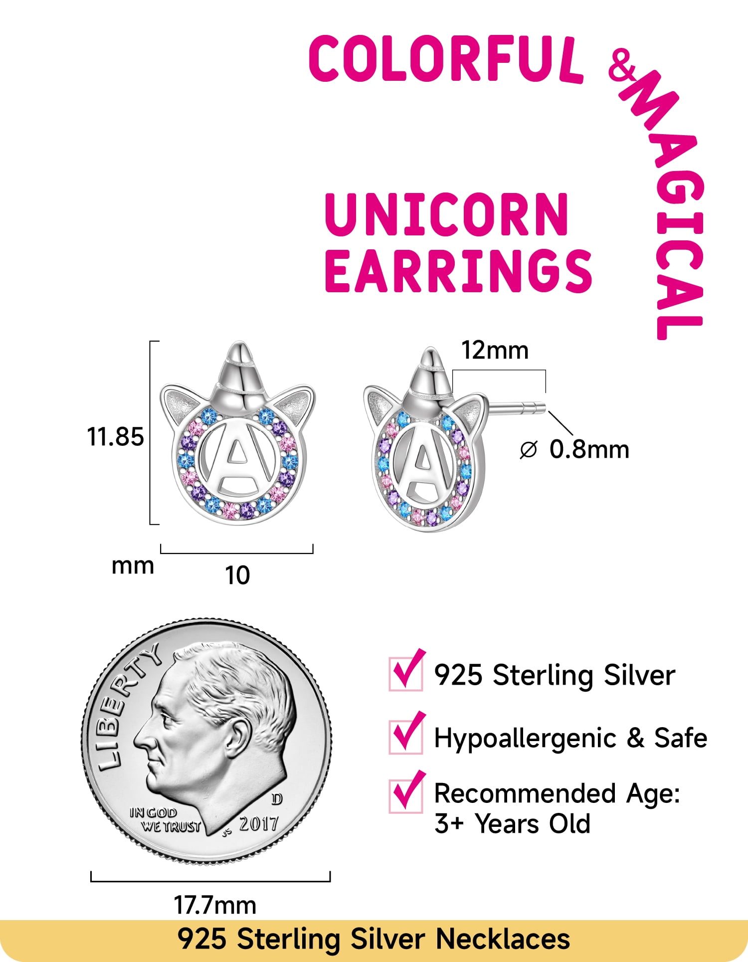 Just Being Cute Unicorn Earrings for Girls Women, Real 925 Sterling Silver Initial A Stud Earrings Birthday Graduation Mothers Day Jewelry Gifts Teen Her Mom Adults Kids Age