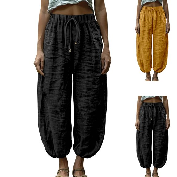 Wide Leg Pants for Women Loose Drawstring Elastic Waist Trousers with Pockets Summer Beach Vacation Clothes by Yigetop Black L
