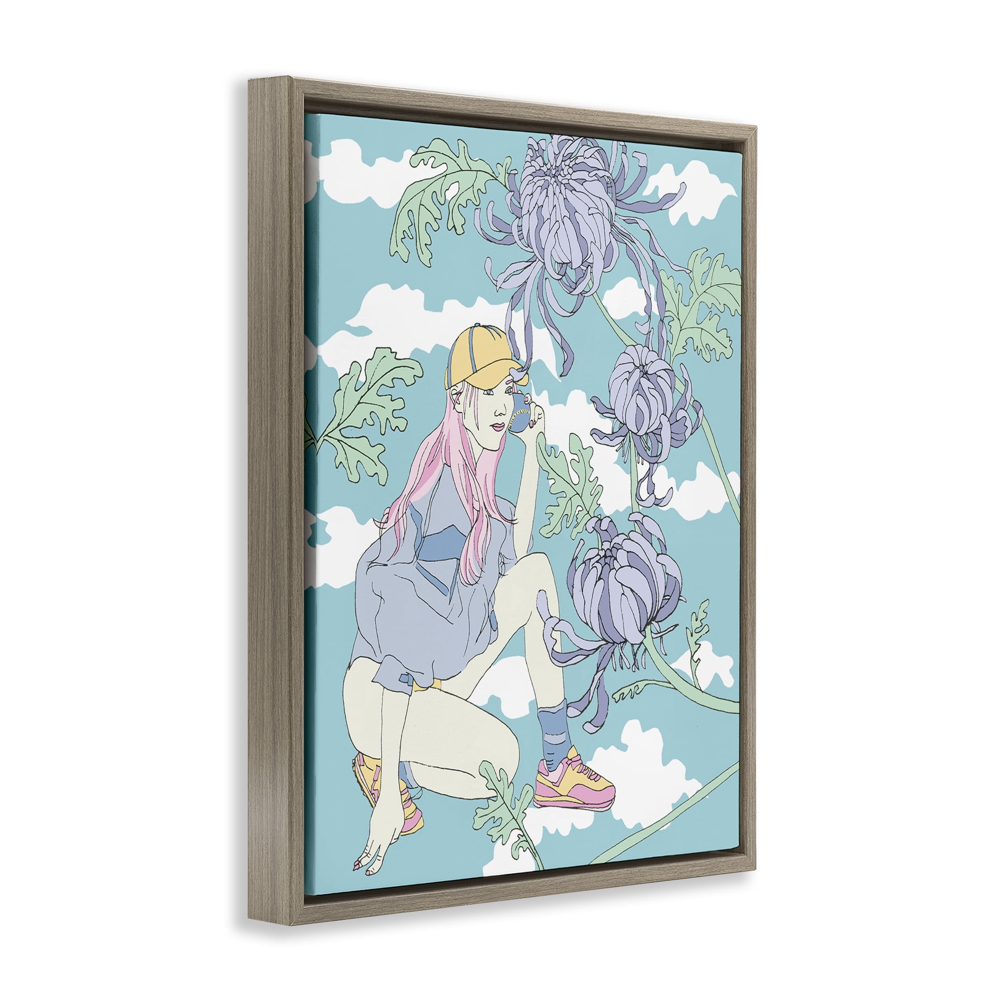 Stupell Industries Chrysanthemums & Workout Girl People Painting Brown Floater Framed Canvas Art Print Wall Art, 17 x 21