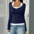 thumbnail image 5 of FRSASU Women's Long Sleeve Shirts Fake Two-Piece Camisole Button Slim Fitted T Shirts Fashion Going Out Tops Navy, 5 of 6