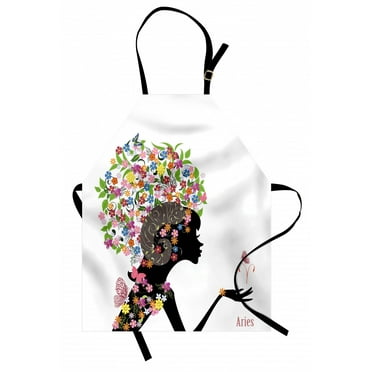 Zodiac Aries Apron Fashion Girl Aries Woman with Horns Floral Dress Lively Blossoms Butterflies, Unisex Kitchen Bib Apron with Adjustable Neck for Cooking Baking Gardening, Multicolor, by Ambesonne