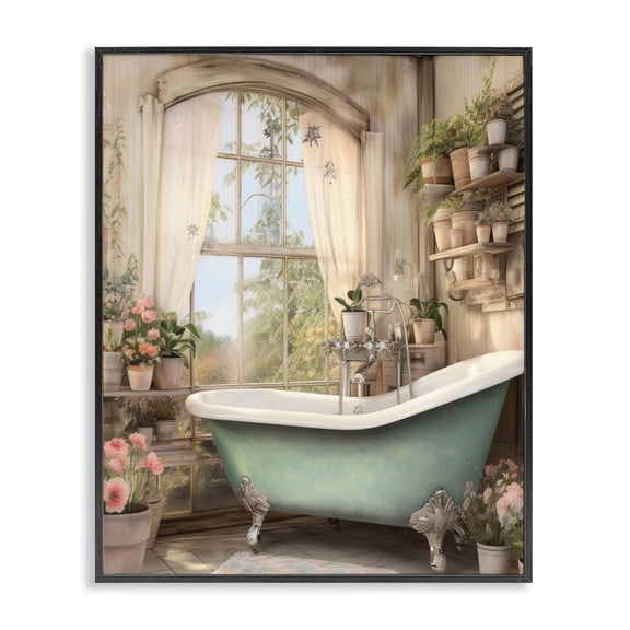 Bathroom with Floral Filled Shelves Black Framed Giclee Art, design by Lettered and Lined