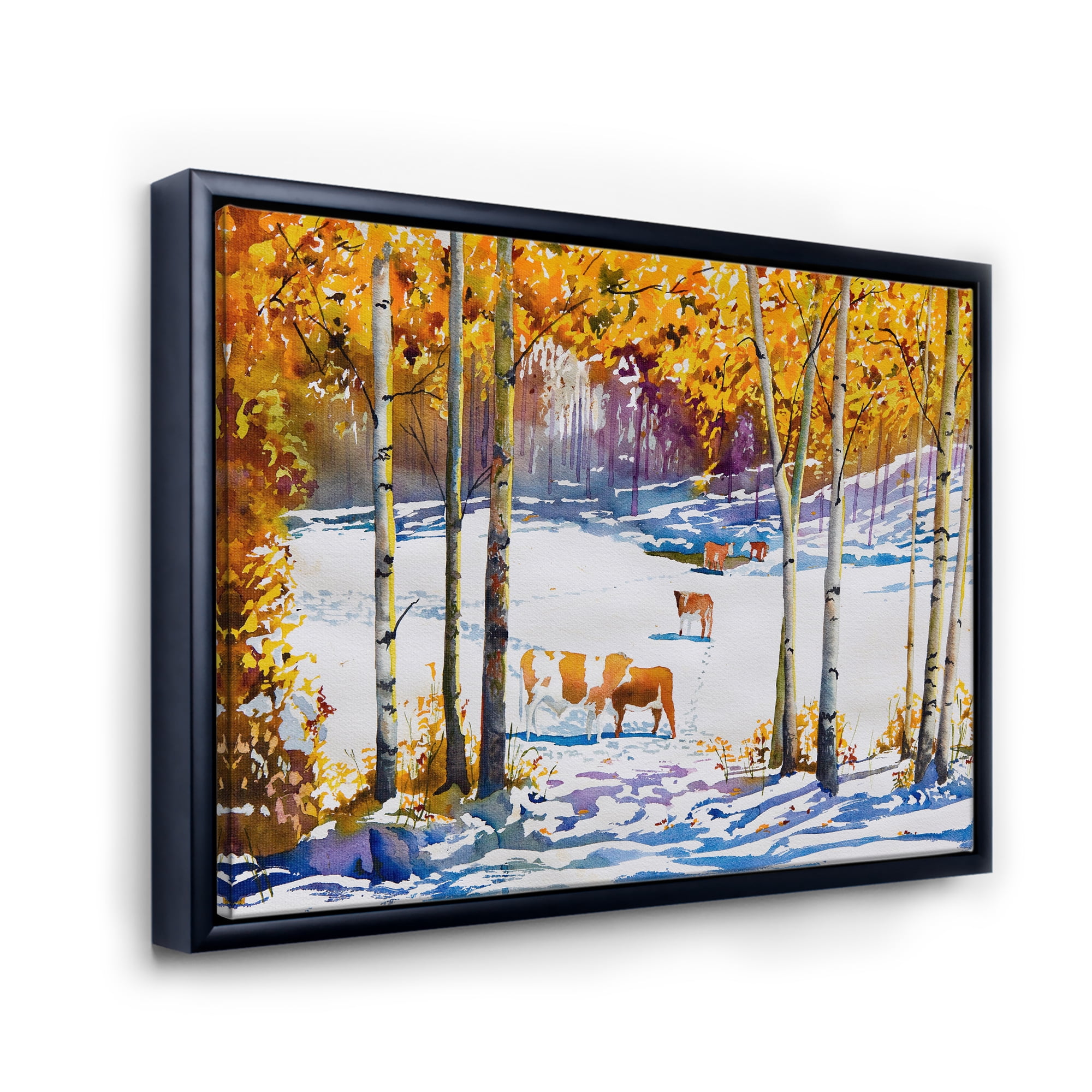 Designart 'Cattles In The Early Snow In The Tree Forest' Farmhouse Framed Canvas Wall Art Print