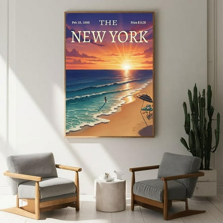 The New York Beach Sunset Poster, Coastal Wall Art Poster, Vintage Ocean Illustration Decor Va-T10-300, Stretched Canvas Size 8x12