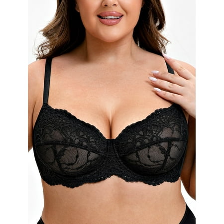 Wingslove Women s Plus Size Lace Bras Underwire Push Up Non-padded Sheer Mesh Bra Minimizer Support Bralette for Heavy Breasts Black 44H