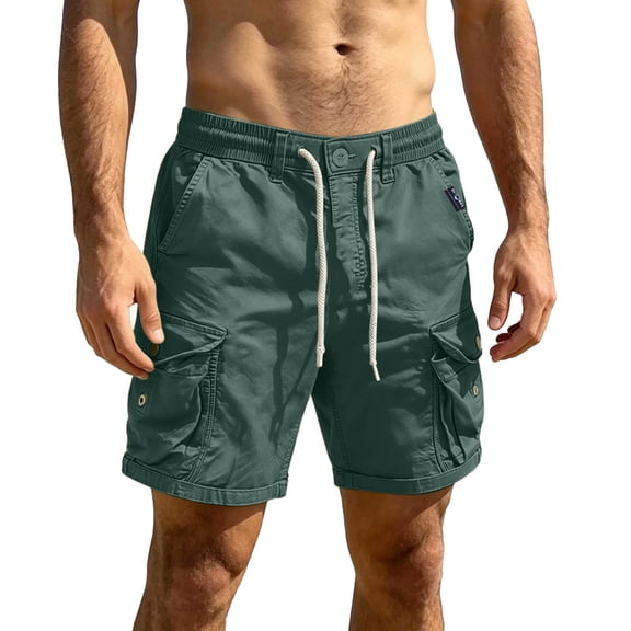 WIZUTIZ Men's Casual Shorts Solid Color Drawstring Button Elastic Waist Pocket Sports Bottoms Polyester Stretch Breathable for Running Hiking Daily Summer Wear Mens Fashion