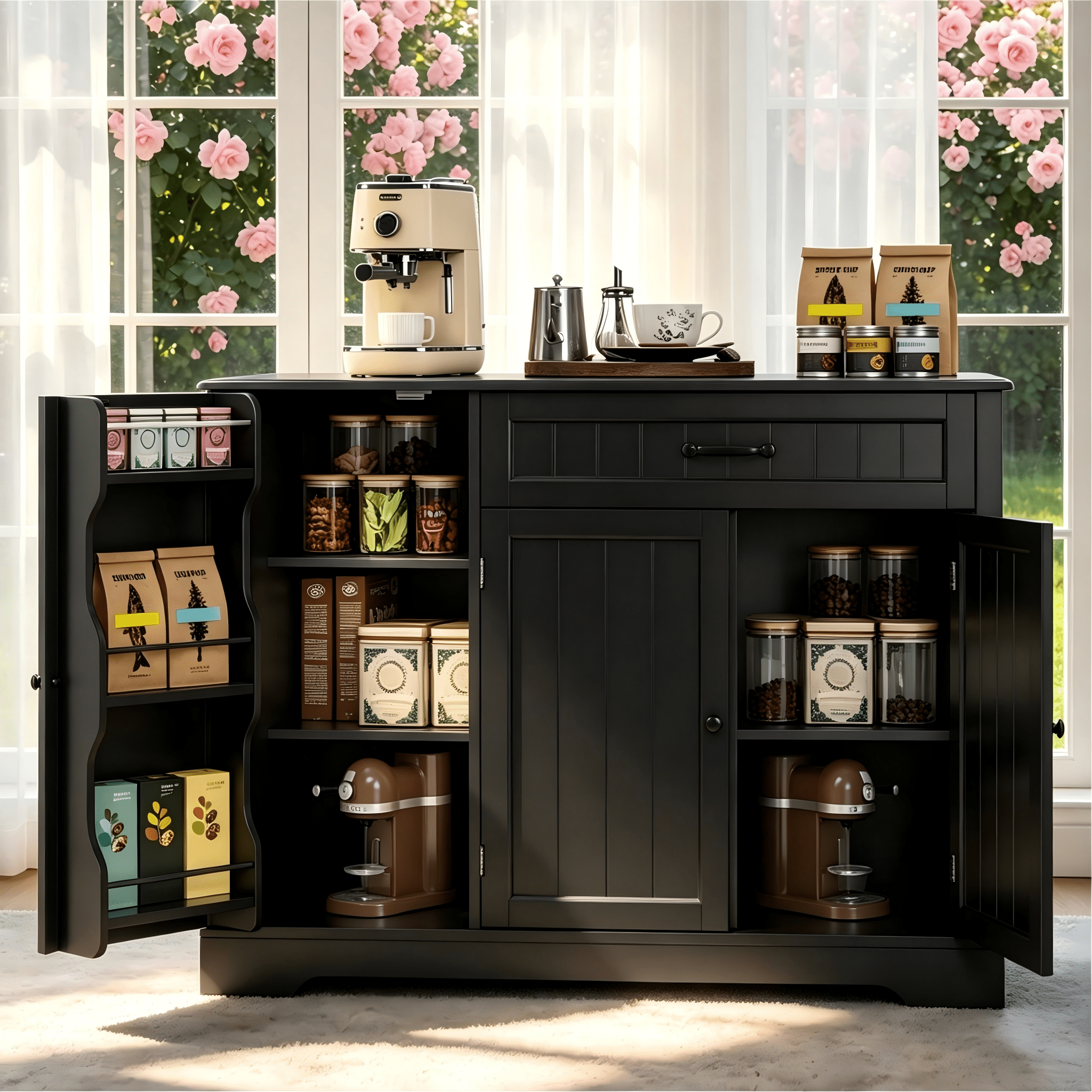 Coffee Bar Cabinet, Lofka 42" Farmhouse Kitchen Storage Sideboard Buffet Cabinet with 8 Shelves & 1 Drawer, Multifunctional Console Table for Dining Living Room Entryway Coffee Station, Black
